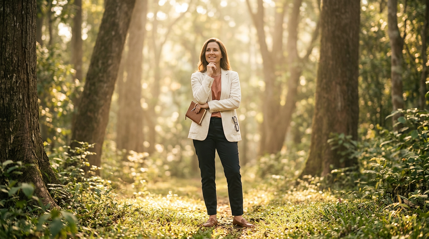 Educator standing in a sunlit forest clearing